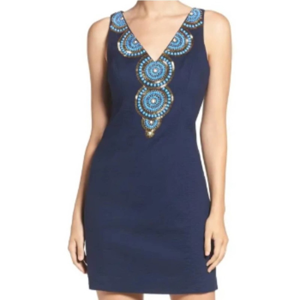 Lilly Pulitzer | Gabby Beaded Shift Mini Dress Cotton Navy Blue Size 2